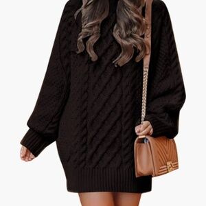 Black Cable Knit Sweater Dress – Lantern Sleeve – Size L